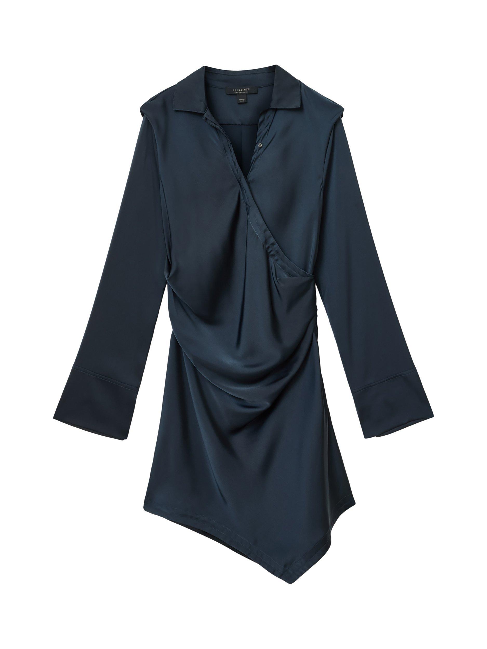 Product image 4 of 6, which shows AllSaints Tira Drape Satin Dress, Collegiate Blue, 10