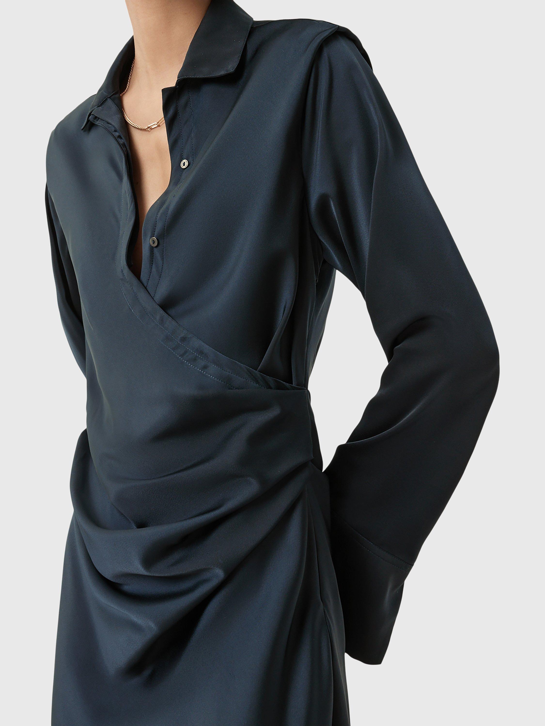 Product image 6 of 6, which shows AllSaints Tira Drape Satin Dress, Collegiate Blue, 10