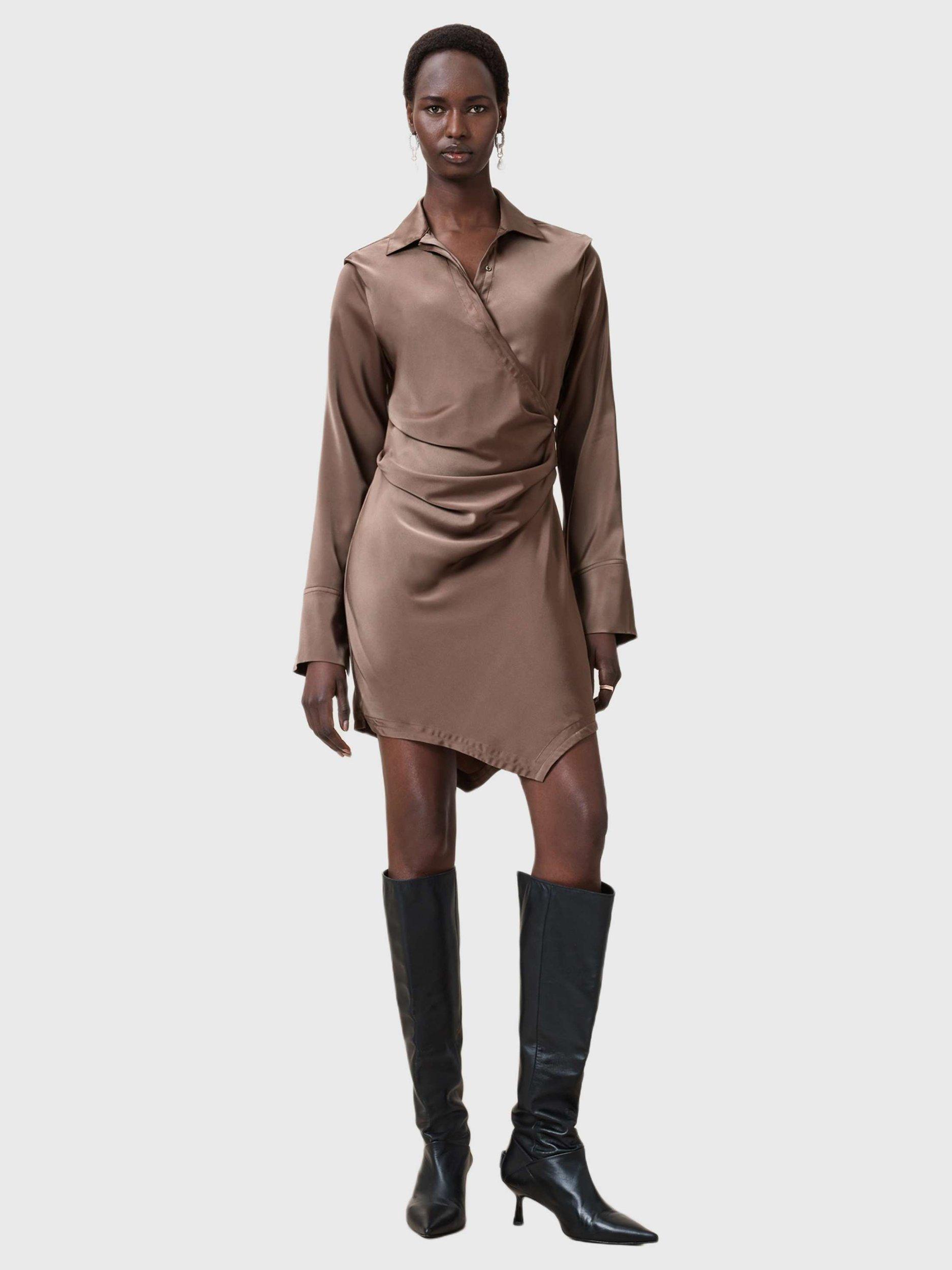 Product image 1 of 9, which shows AllSaints Tira Drape Satin Dress, Cumin Brown, 6