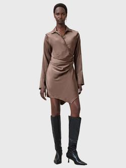 AllSaints Tira Drape Satin Dress, Cumin Brown