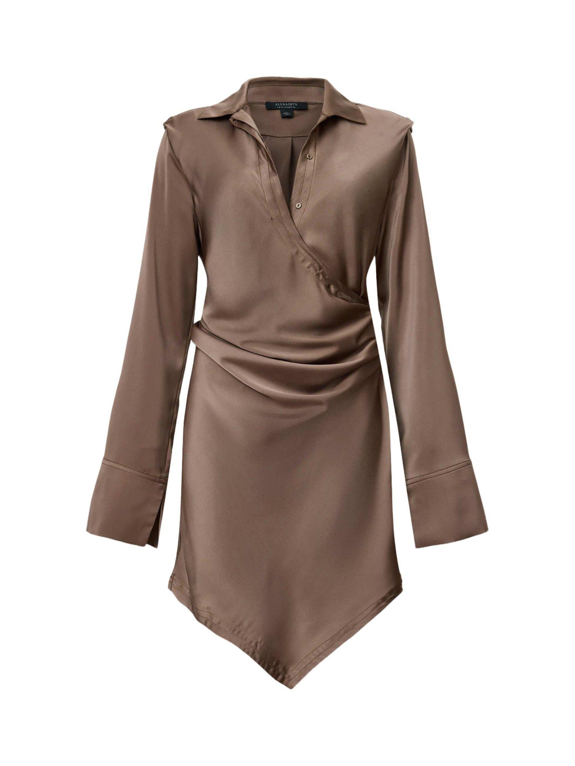 Product image 4 of 9, which shows AllSaints Tira Drape Satin Dress, Cumin Brown, 6