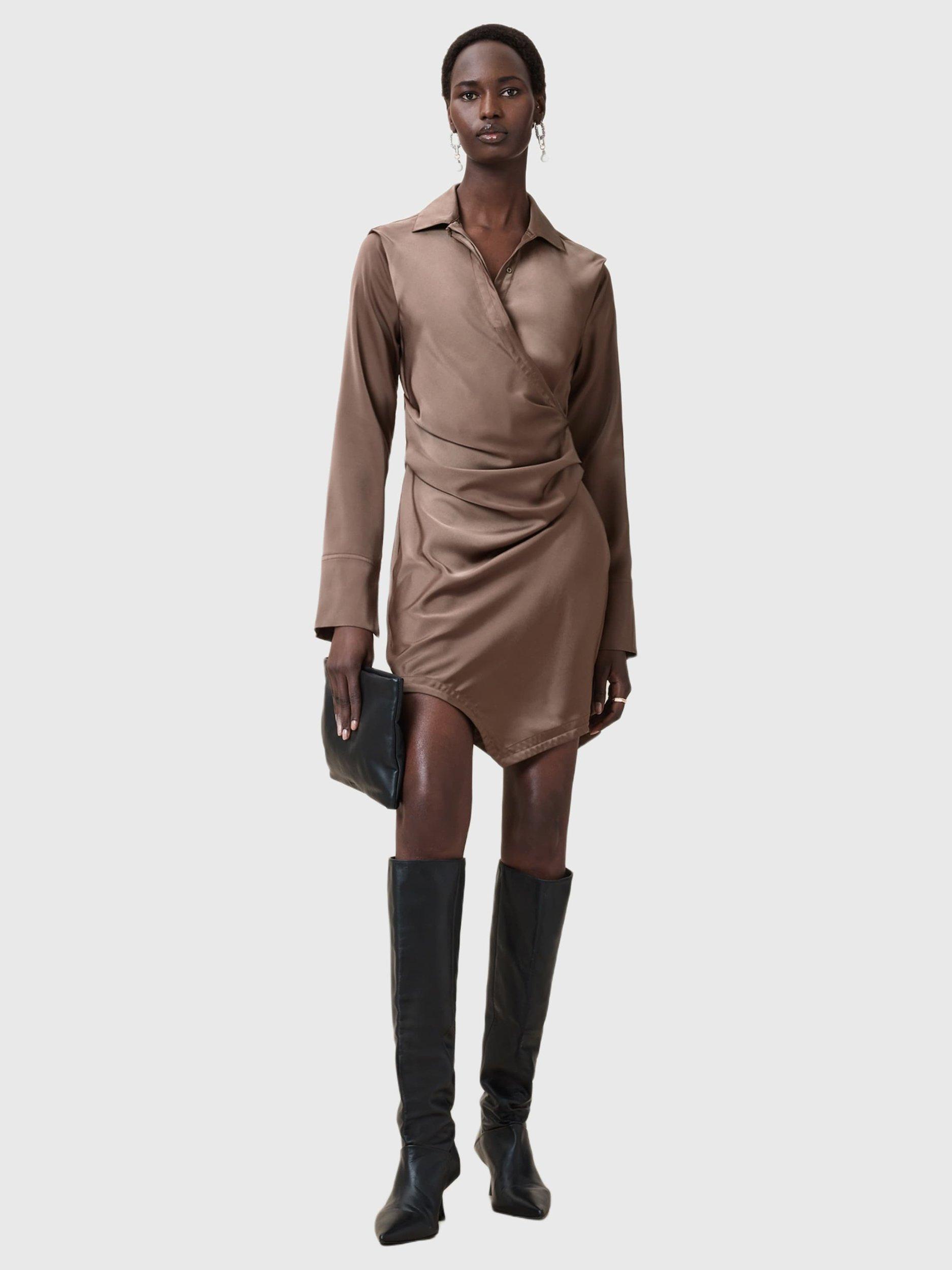 Product image 7 of 9, which shows AllSaints Tira Drape Satin Dress, Cumin Brown, 6