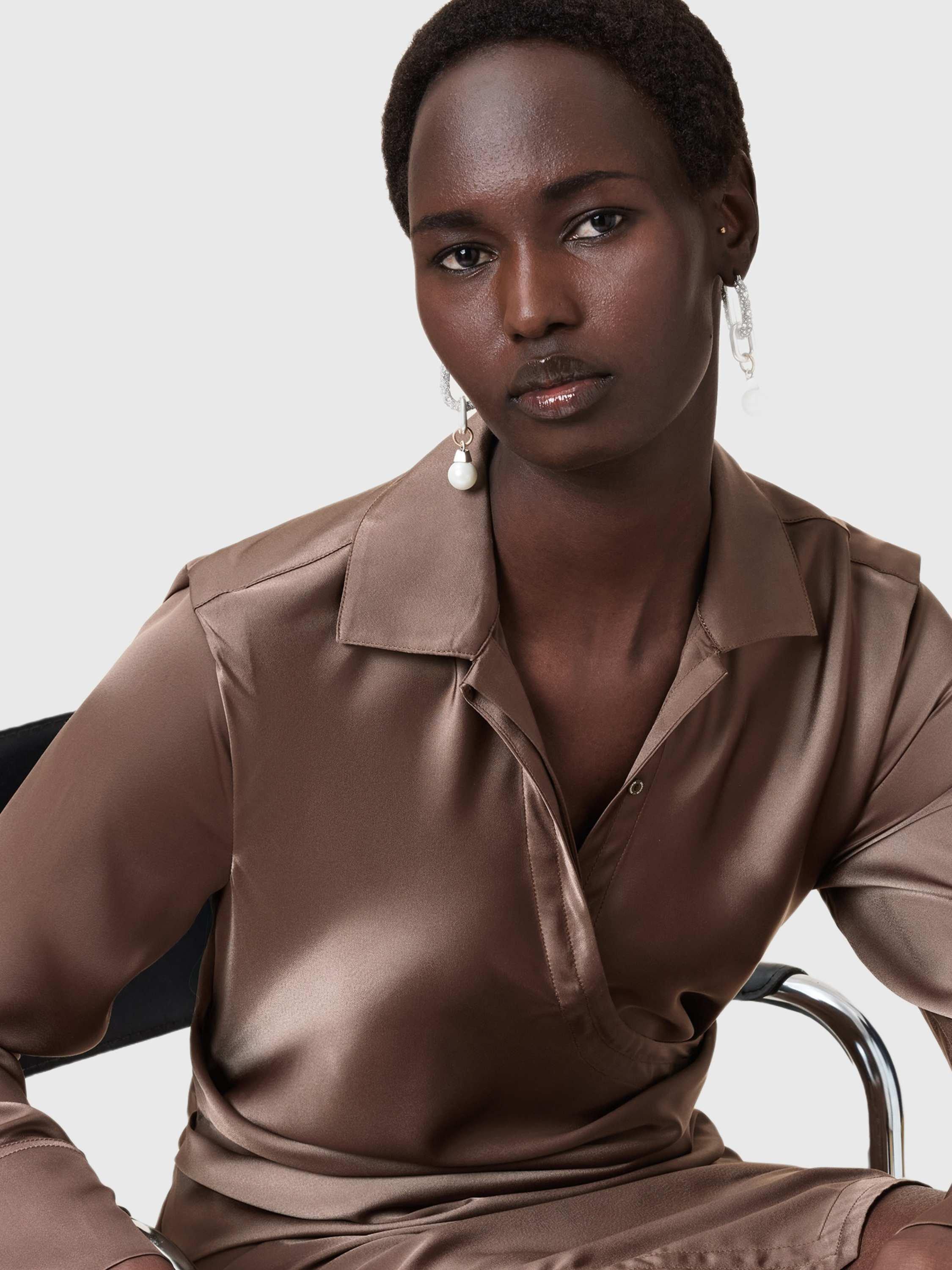 Product image 8 of 9, which shows AllSaints Tira Drape Satin Dress, Cumin Brown, 6