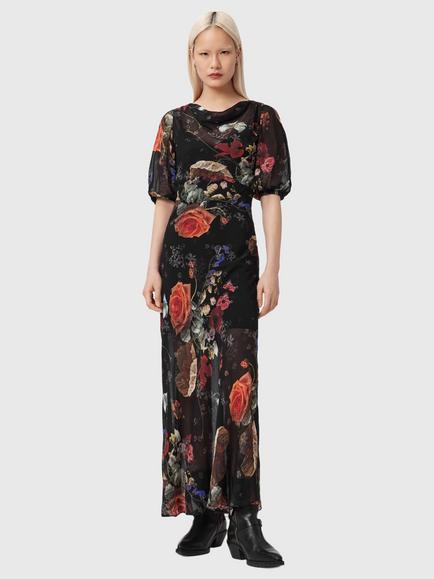 AllSaints Tiwa Floral Maxi Dress containing LENZING™ ECOVERO™ Viscose, Haze Black, Haze Black