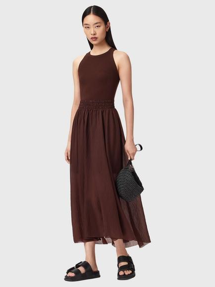 AllSaints Zenia Sleeveless Midi Dress containing LENZING™ ECOVERO™ Viscose, Bitter Brown, Bitter Brown