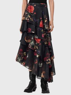 AllSaints Caya Floral Tiered Skirt, Haze Black, Haze Black