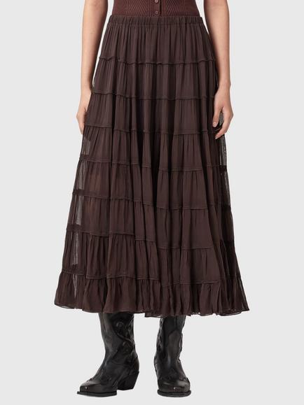 AllSaints Eva Ruffled Midi Skirt, Brown, Bottle Brown