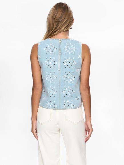 Numph Delilah Floral Cutwork Top, Light Blue Denim - view 2, Light Blue Denim