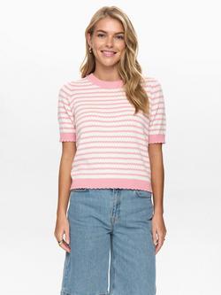 Numph Mari Stripe Short Sleeve Jumper, White/Pink, White/Pink