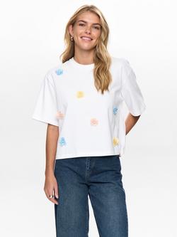Numph Fleura Embellished Flower T-Shirt, White/Multi, White/Multi