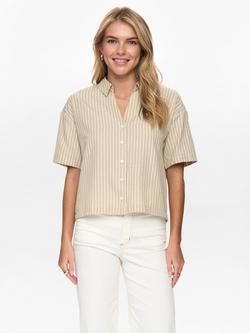 Numph Zally Stripe Short Sleeve Shirt, Beige/White, Beige/White