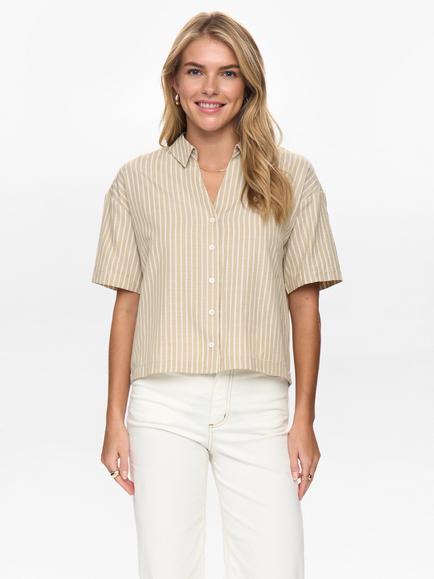 Numph Zally Stripe Short Sleeve Shirt, Beige/White, Beige/White