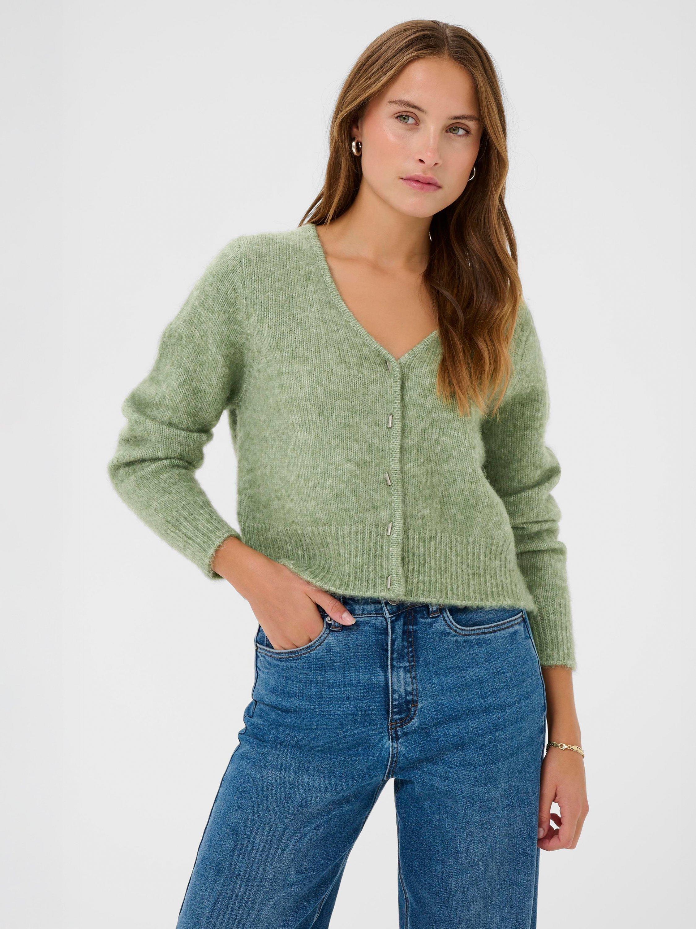 Product image 1 of 6, which shows KAFFE Melania V-Neck Cardigan, Green, XS