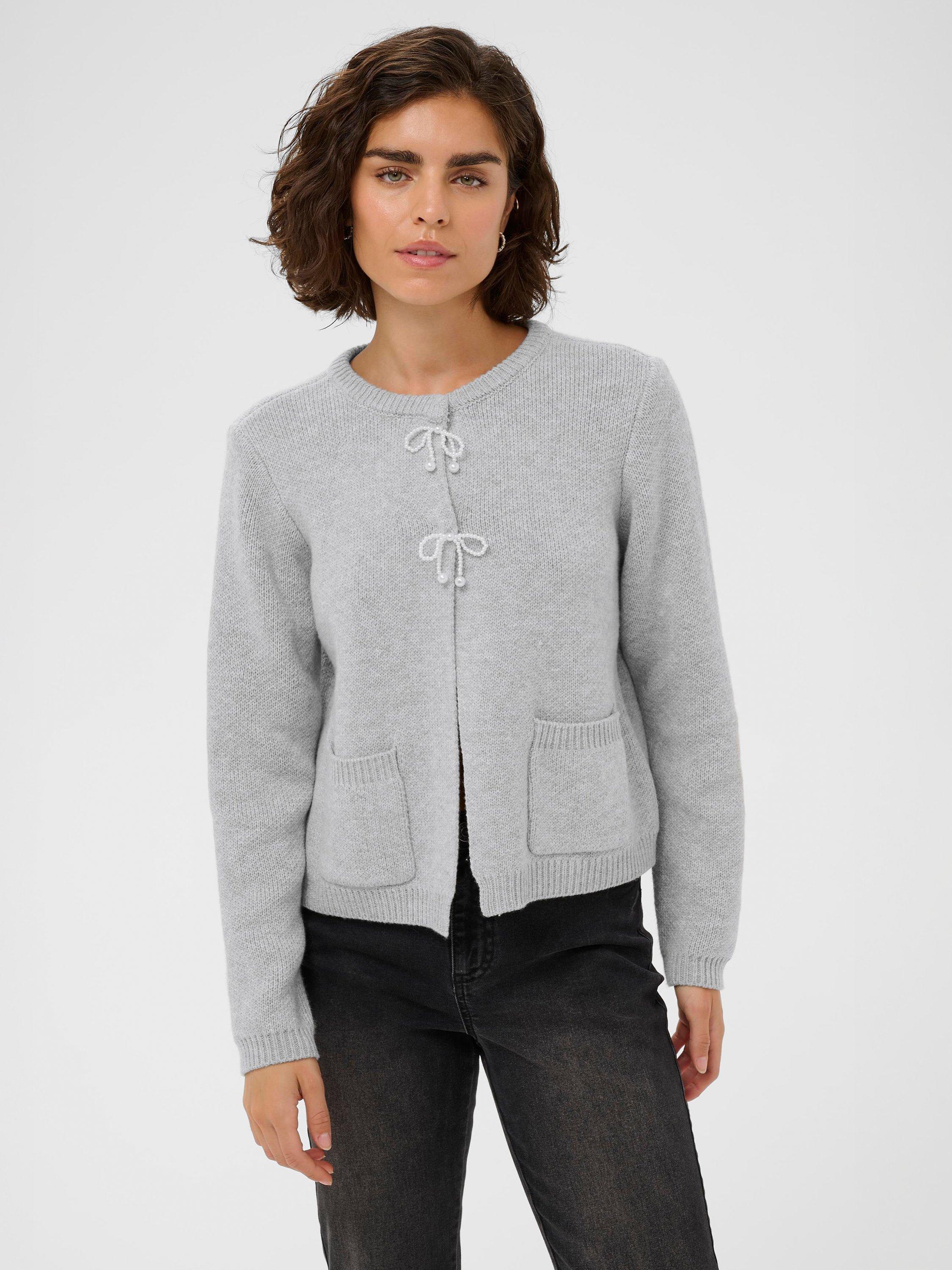 Product image 1 of 6, which shows KAFFE Bowie Bow Detail Cardigan, Grey, M