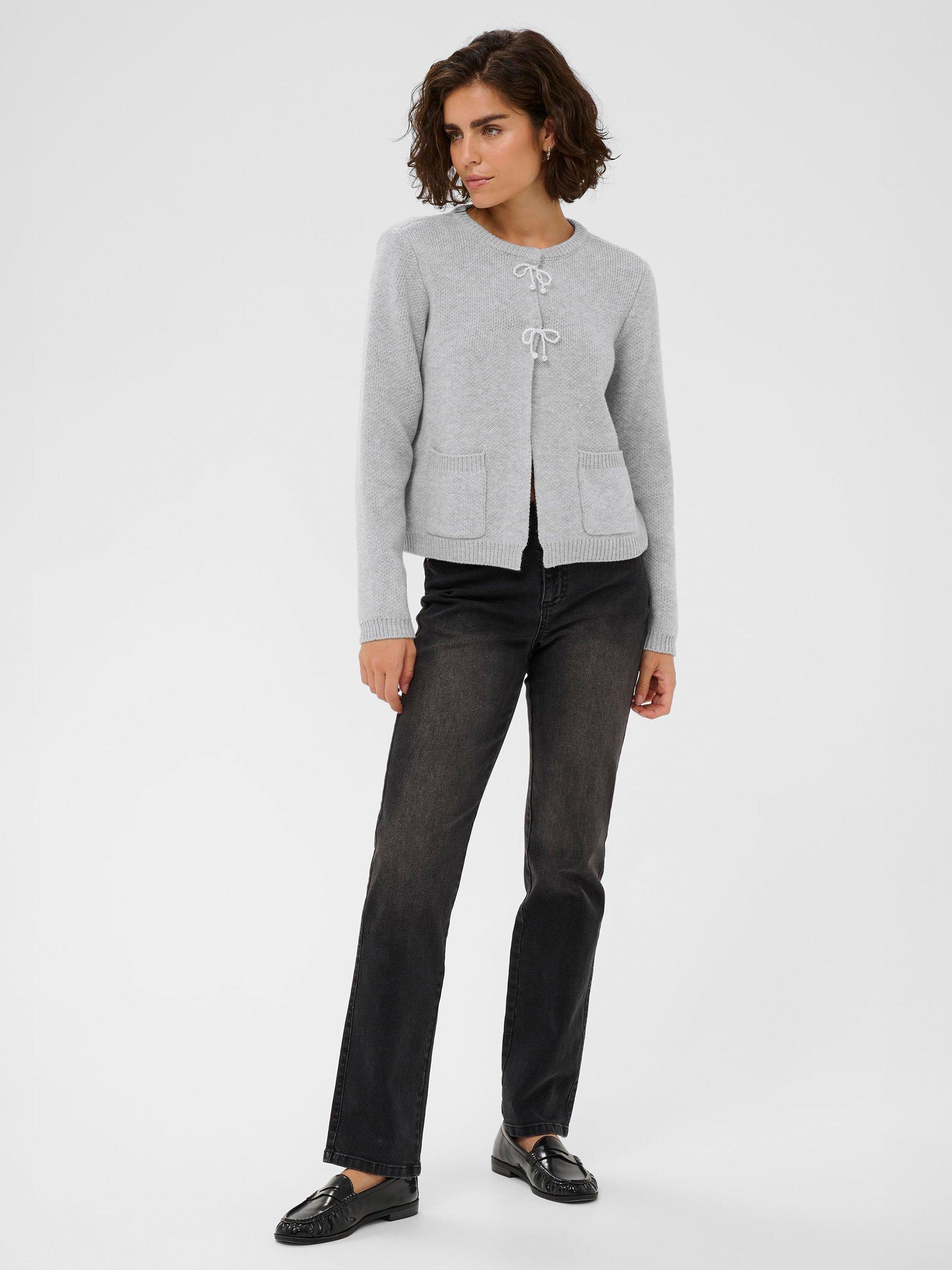 Product image 3 of 6, which shows KAFFE Bowie Bow Detail Cardigan, Grey, M
