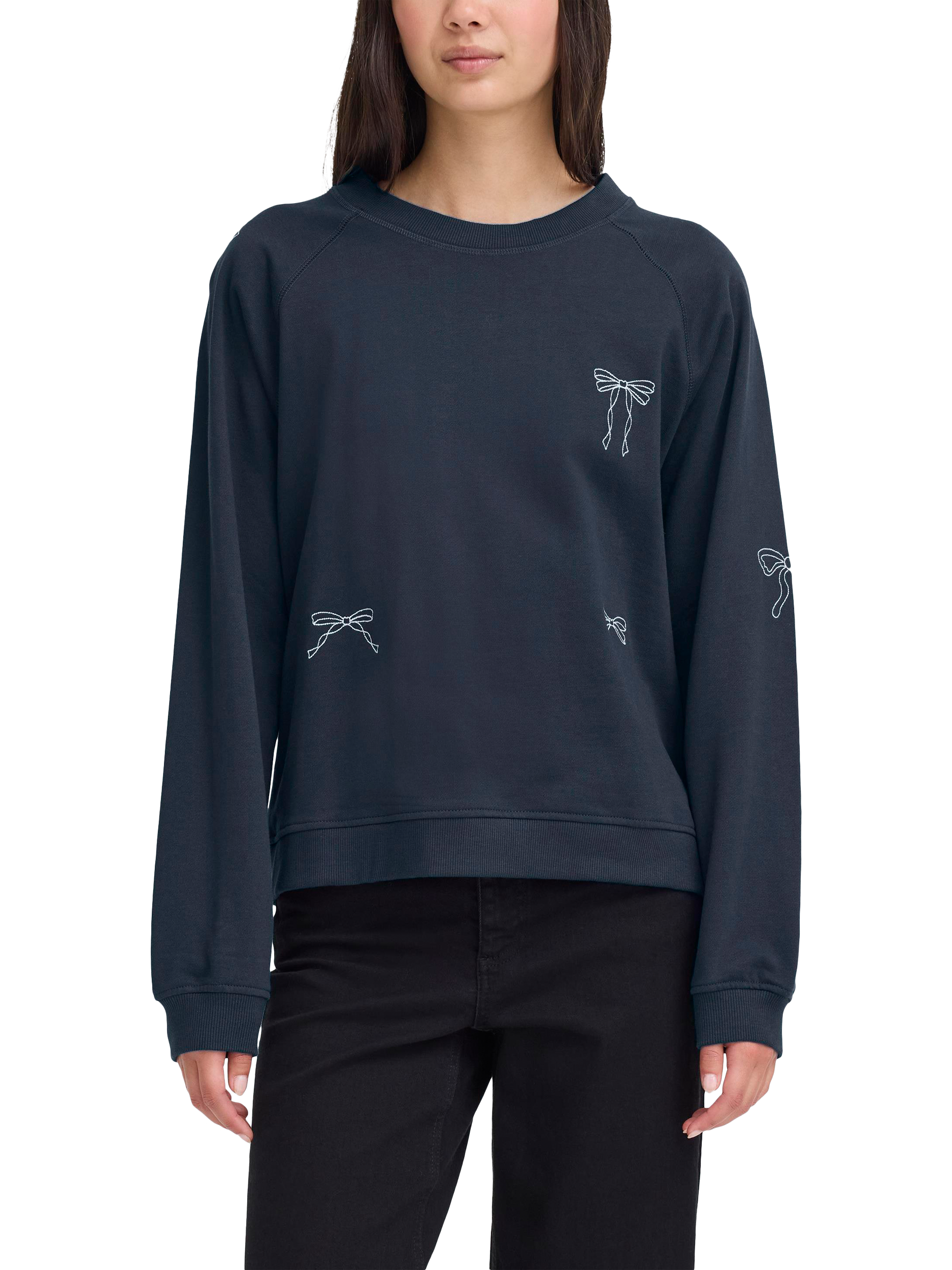 Product image 1 of 7, which shows ICHI Marrot Bows Sweatshirt, Total Eclipse, XS