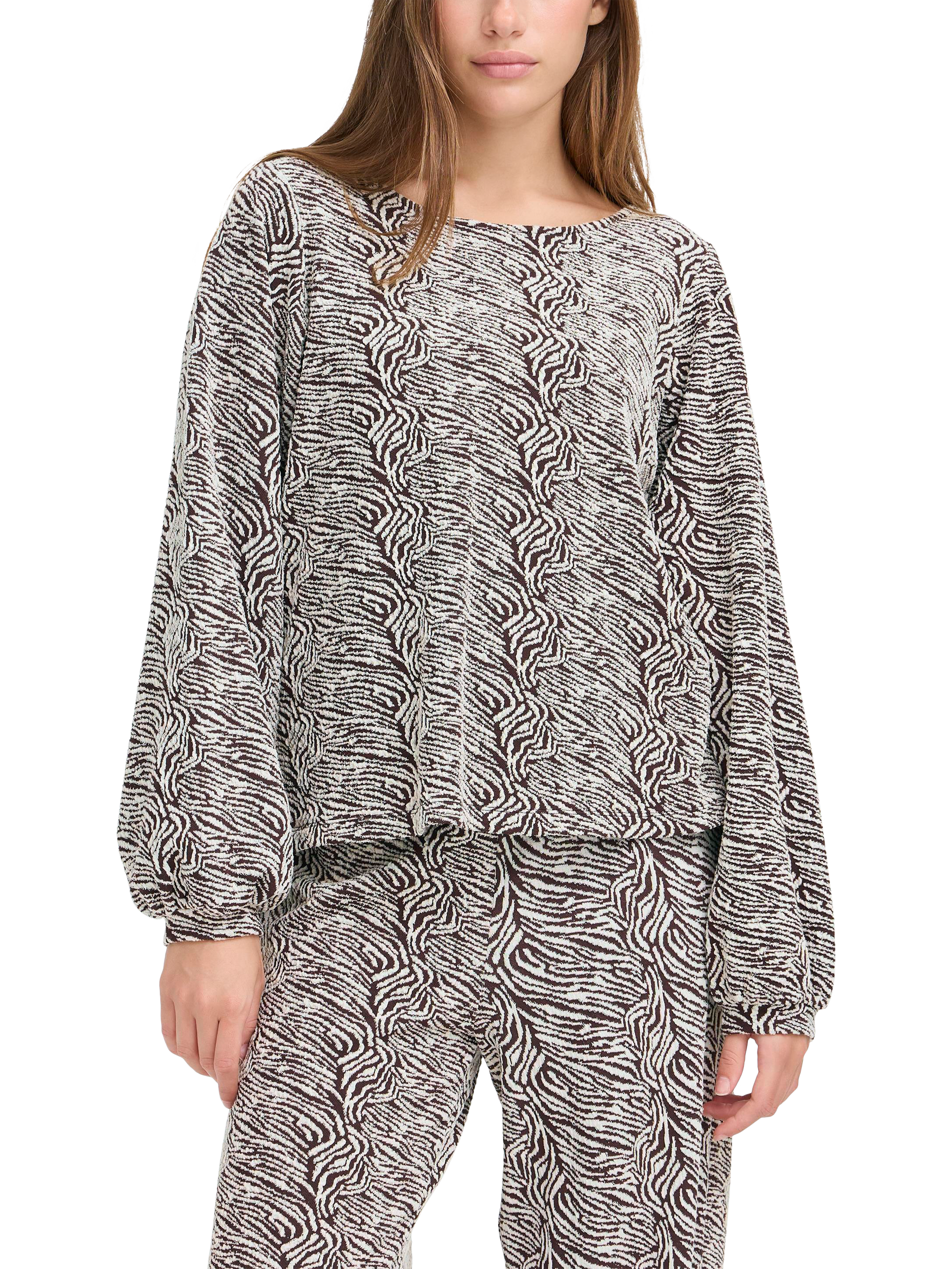 Product image 1 of 7, which shows ICHI Oelly Abstract Jumper, Coffee Bean/Birch, XS