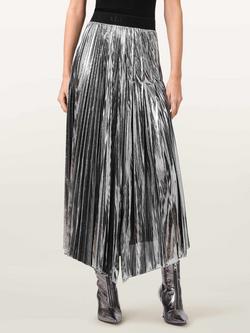 AllSaints Jax Metallic Pleated Skirt, Silver, Silver