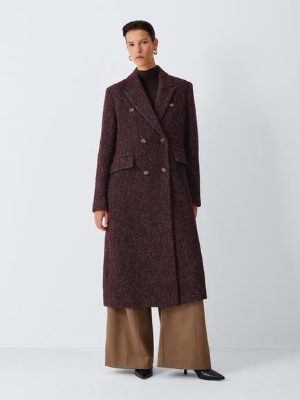 John Lewis Double Breasted Long Overcoat, Dark Burgundy, Dark Burgundy