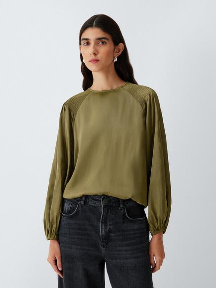 John Lewis Shirred Raglan Sleeve Blouse, Tan, Khaki