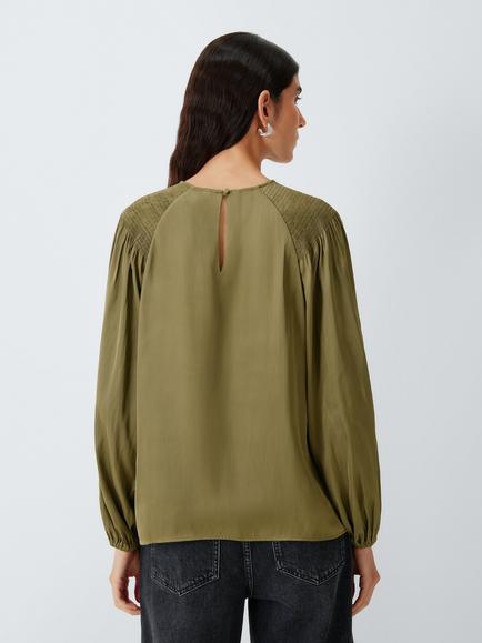 John Lewis Shirred Raglan Sleeve Blouse, Tan - view 2, Khaki
