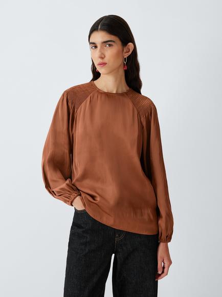 AND/OR Shirred Raglan Sleeve Blouse, Tan