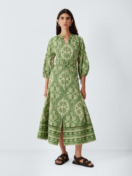 AND/OR Ruby Tile Butto Through Cotton Midi Dress, Green, Green
