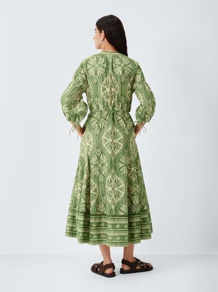 AND/OR Ruby Tile Butto Through Cotton Midi Dress, Green - view 2, Green