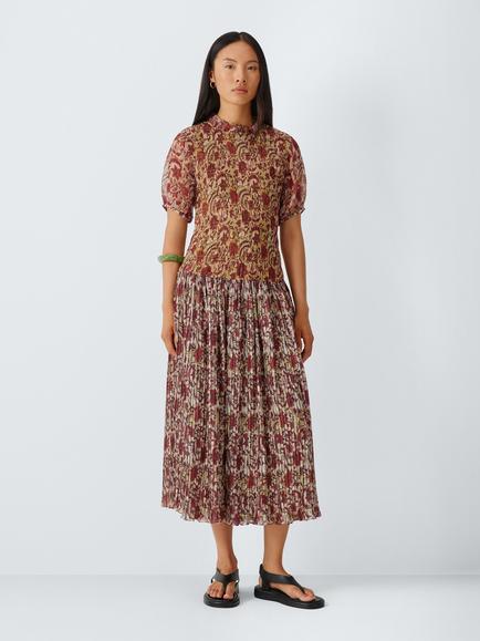 AND/OR Shirred Floral Midi Dress, Red Multi, Red Multi