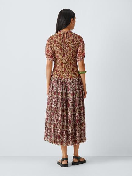 AND/OR Shirred Floral Midi Dress, Red Multi - view 2, Red Multi
