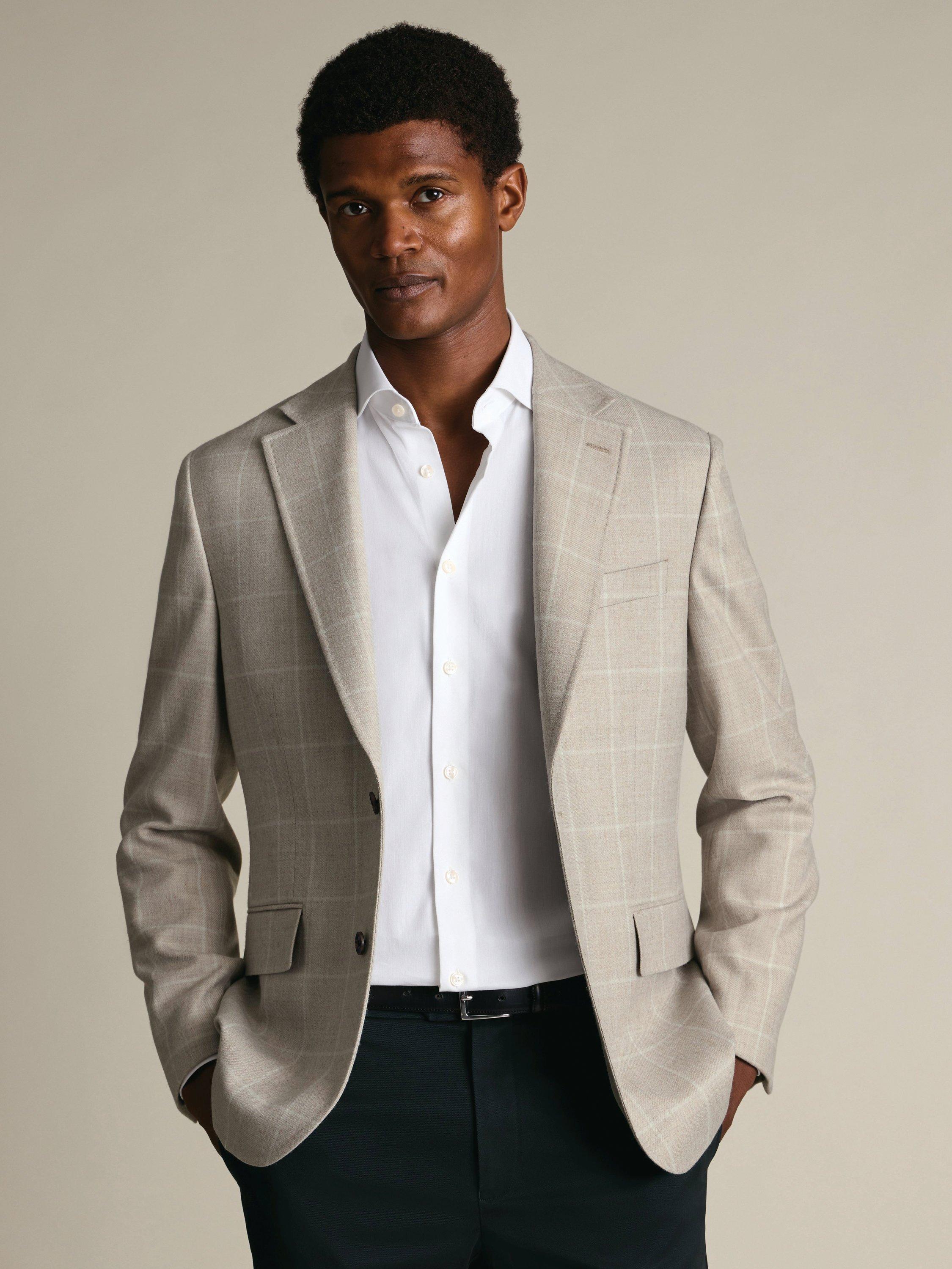 Product image 1 of 5, which shows Charles Tyrwhitt Wool Windowpane Check Blazer, Stone, 36R