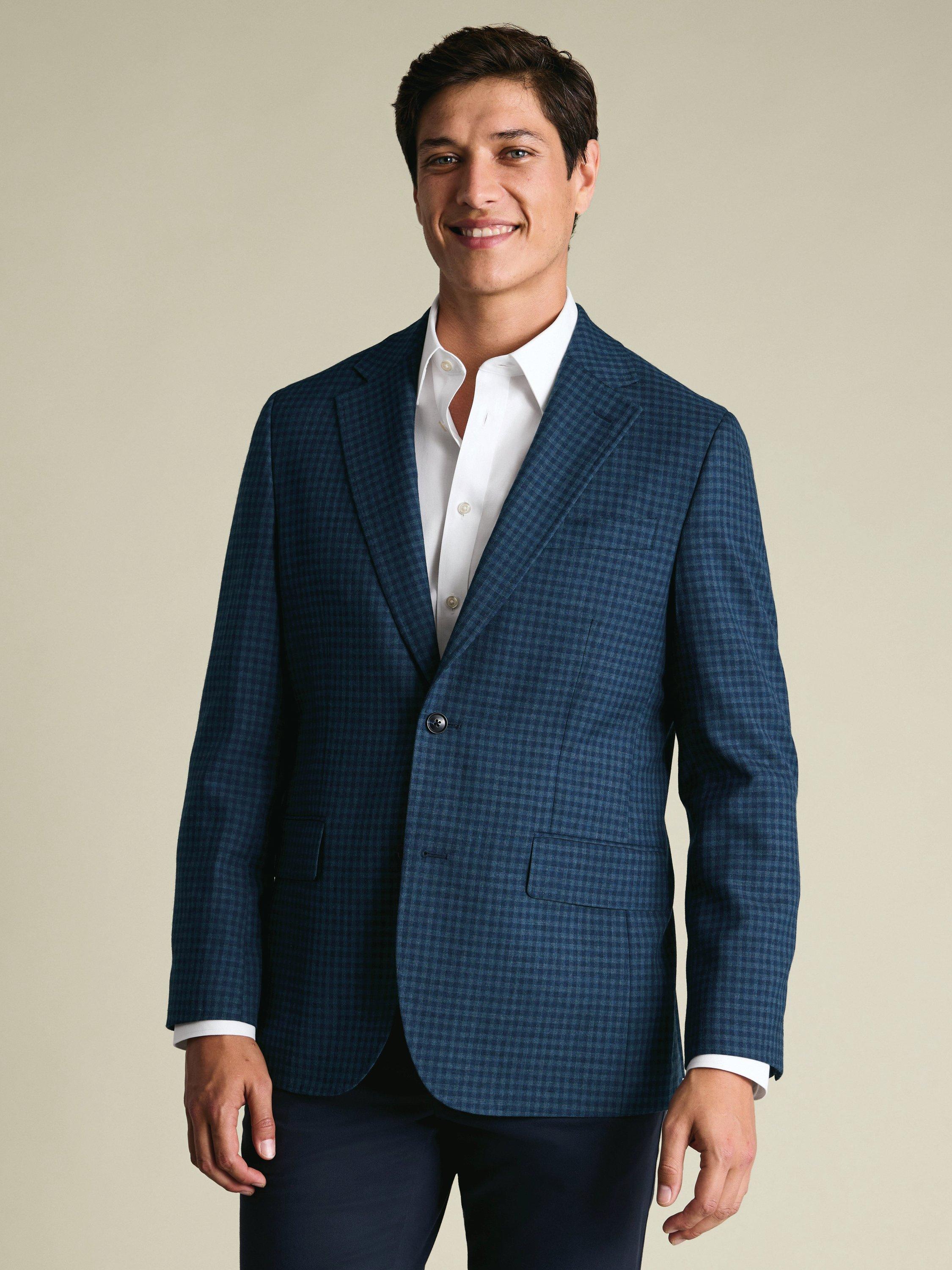 Product image 1 of 5, which shows Charles Tyrwhitt Wool Blend Check Blazer, Indigo Blue, 36R