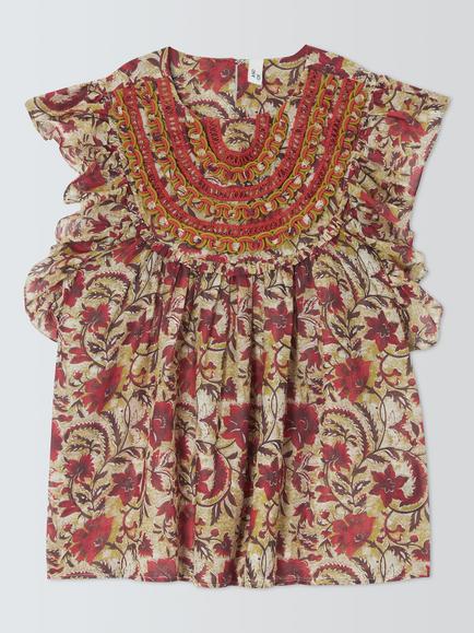 AND/OR Frill Shoulder Blouse, Red Multi, Red Multi
