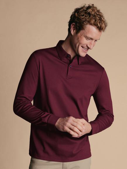 Charles Tyrwhitt Long Sleeve Non-Iron Jersey Polo Shirt, Wine Red, Wine Red