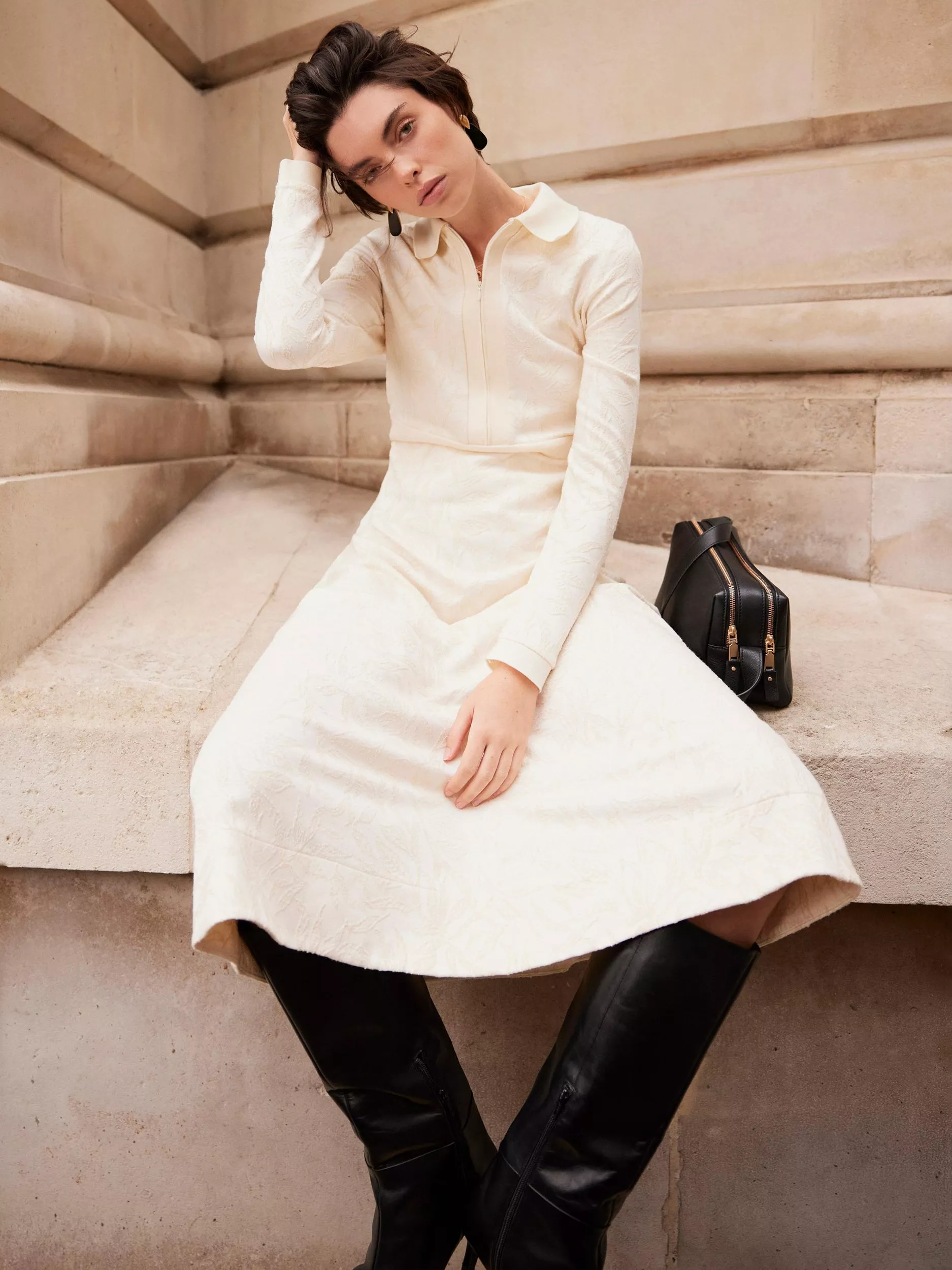 Mint Velvet Jacquard Zip Midi Dress, White Ivory