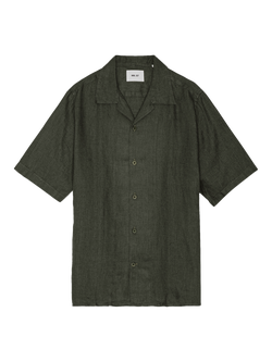 NN.07 Julio Button Through Short Sleeve Linen Shirt, Dark Army, Dark Army