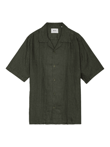 NN.07 Julio Button Through Short Sleeve Linen Shirt, Dark Army, Dark Army
