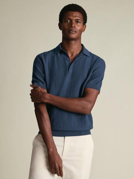 Charles Tyrwhitt Short Sleeve Textured Stripe Pique Cotton Knit Polo Shirt, Steel Blue