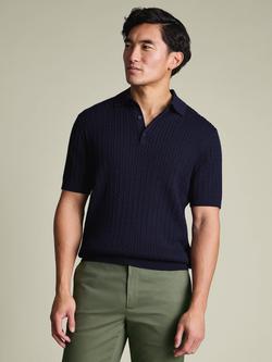 Charles Tyrwhitt Short Sleeve Cotton Cable Knit Polo Shirt, Indigo Blue