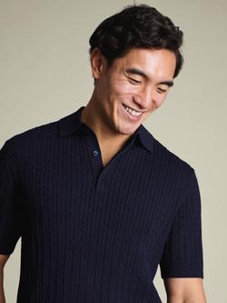 Charles Tyrwhitt Short Sleeve Cotton Cable Knit Polo Shirt - view 2, Indigo Blue