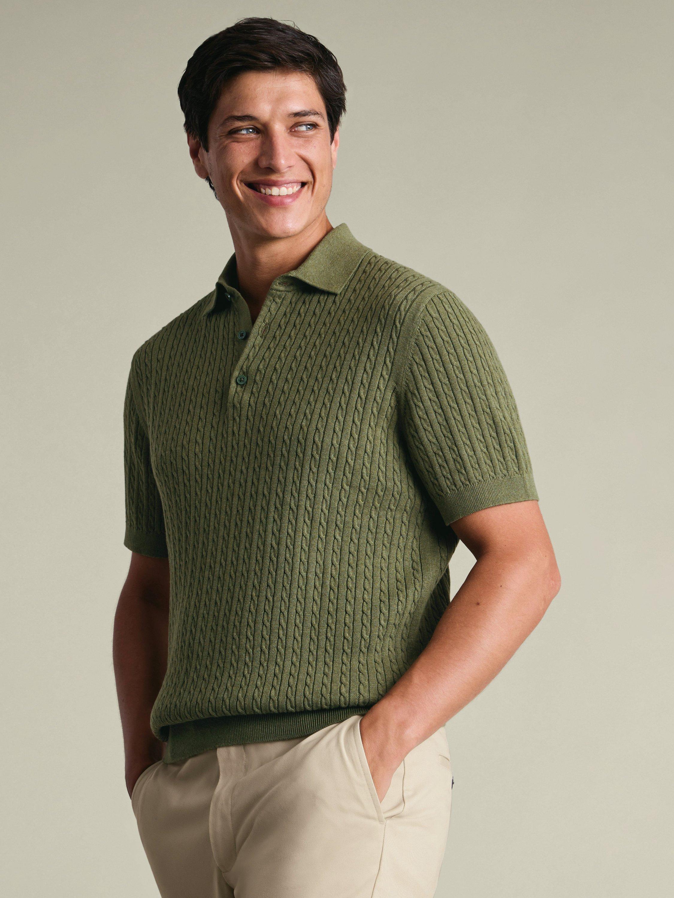 Cotton Knit Short-Sleeve Polo オリーブ 1 Charles Tyrwhitt Short Sleeve Cotton Cable Knit Polo Shirt, Sage Green