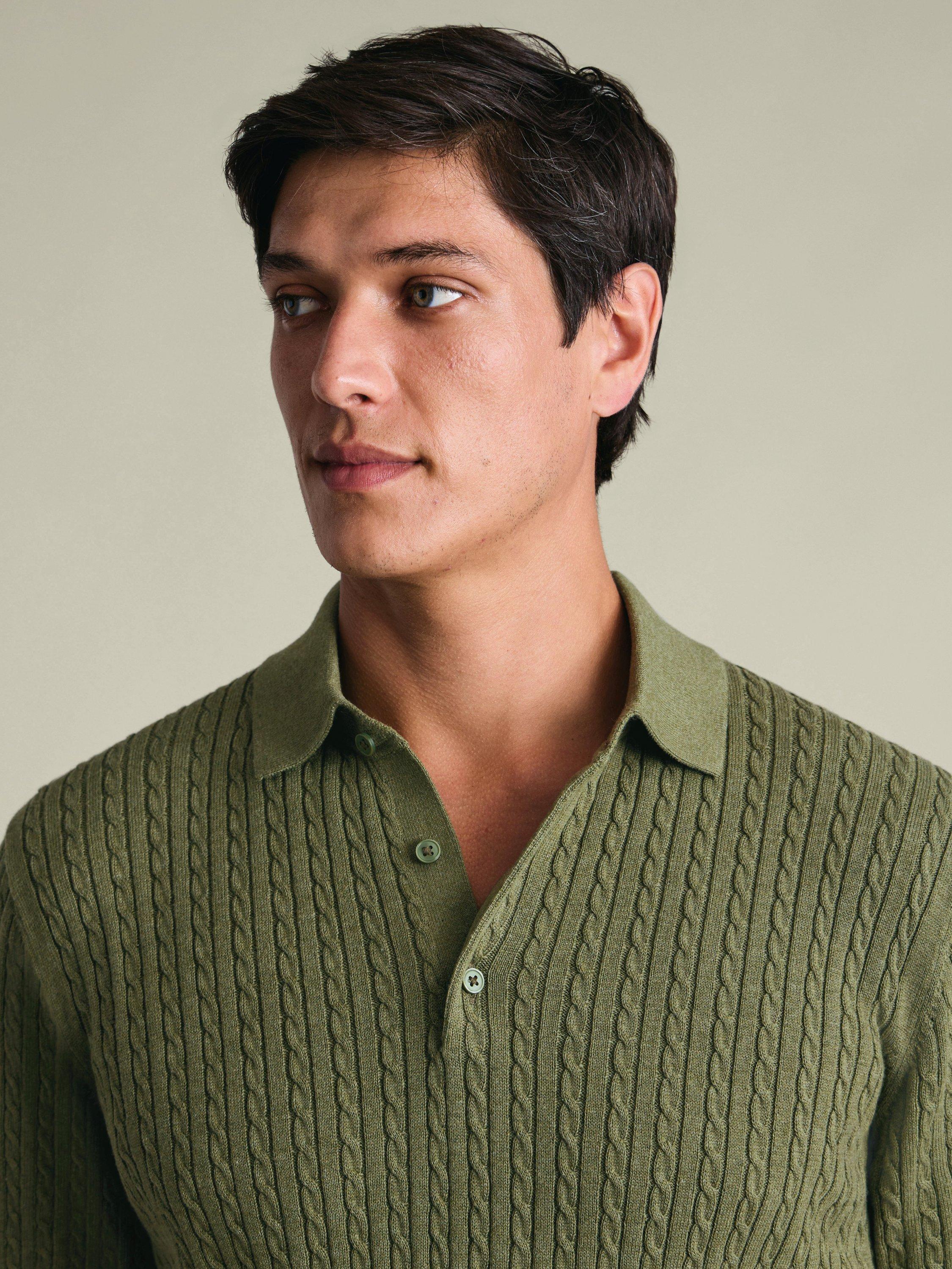Charles Tyrwhitt Short Sleeve Cotton Cable Knit Polo Shirt, Sage Green
