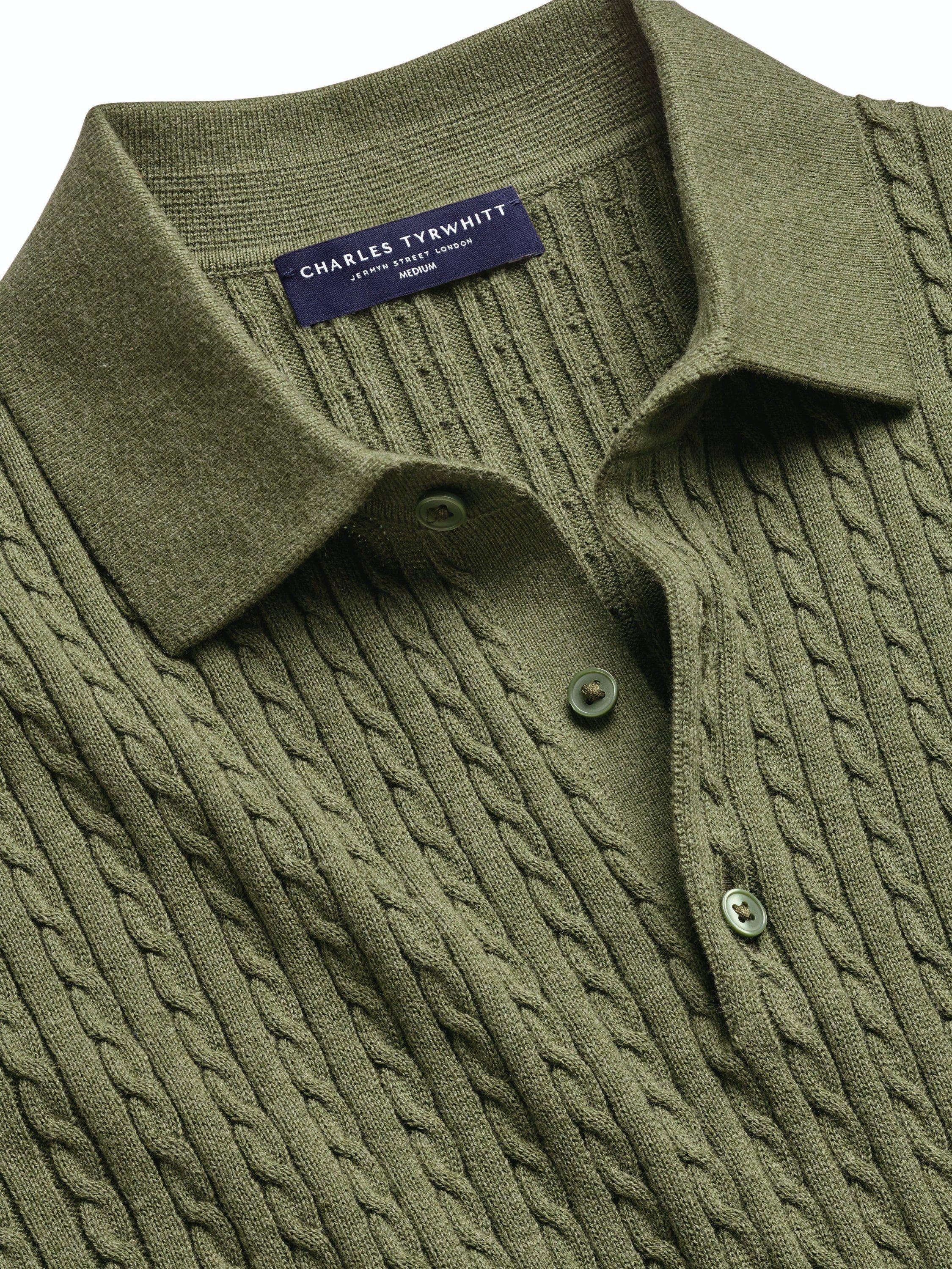 Charles Tyrwhitt Short Sleeve Cotton Cable Knit Polo Shirt, Sage Green