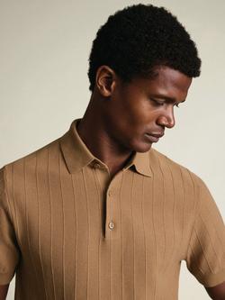 Charles Tyrwhitt Short Sleeve Textured Stripe Pique Cotton Knit Polo Shirt - view 2, Camel