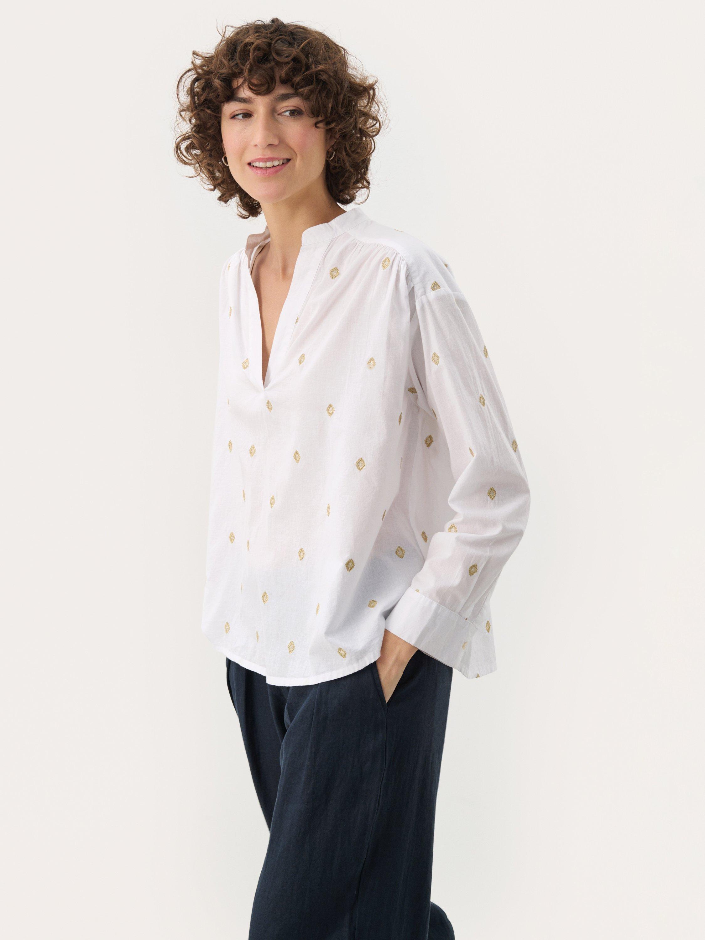 Product image 1 of 6, which shows Part Two Natale Embroidered Blouse, Bright White/Gold, 14