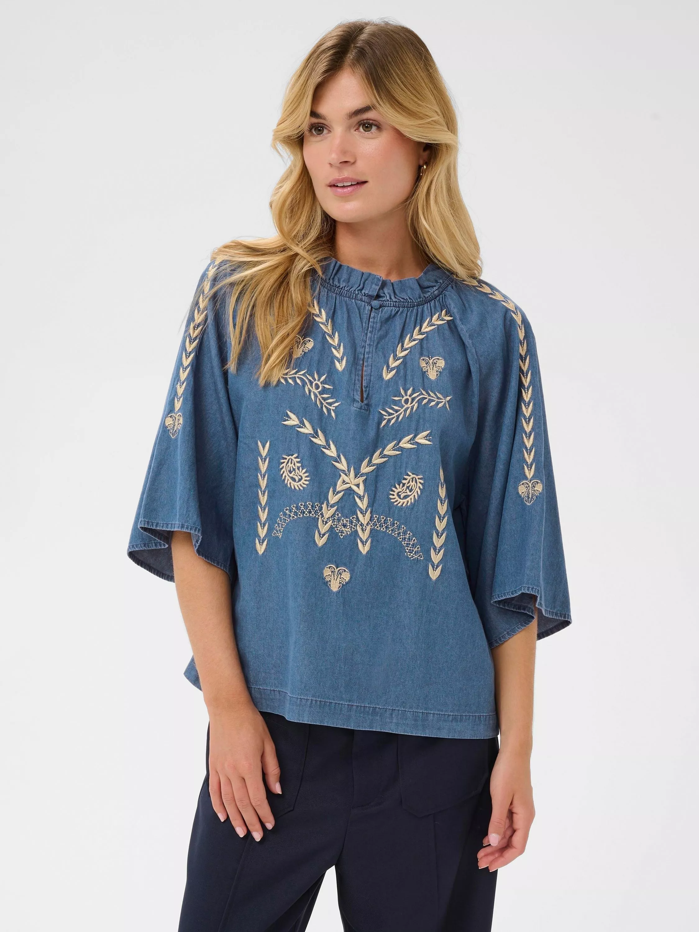 Saint Tropez Onaya Embroidered Denim Top, Medium Blue Denim