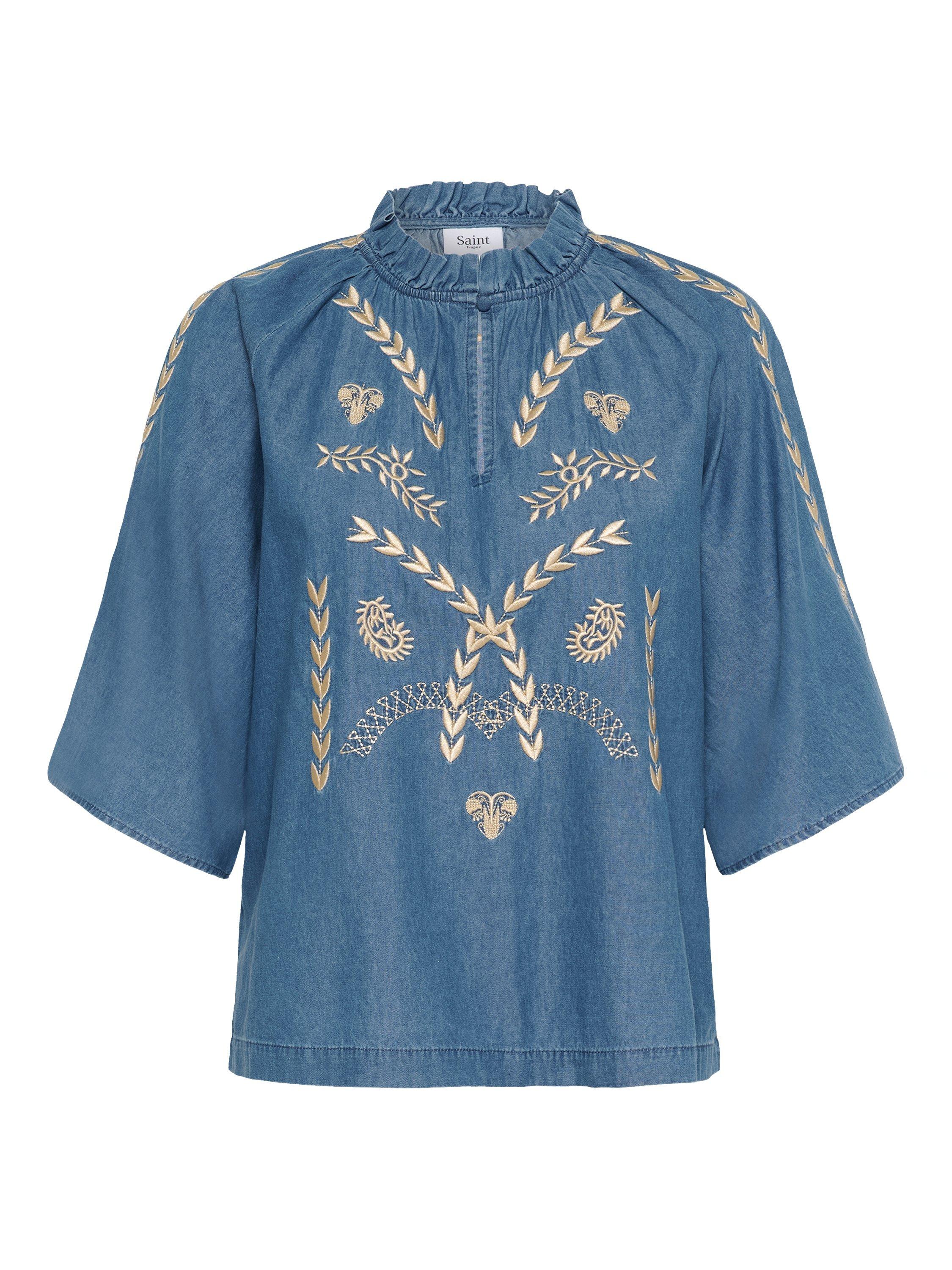 Saint Tropez Onaya Embroidered Denim Top, Medium Blue Denim