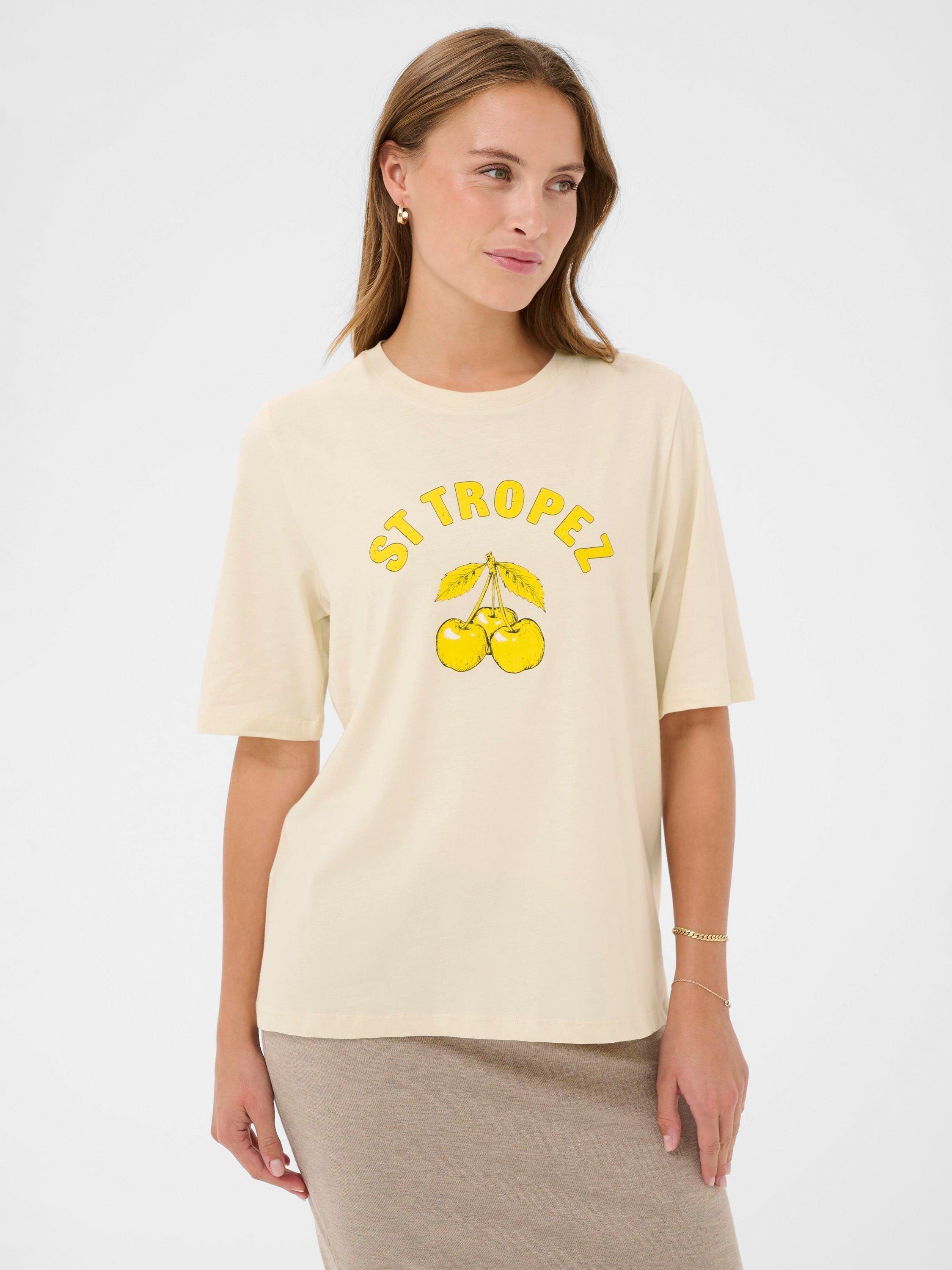 Product image 1 of 6, which shows Saint Tropez Octavia Cherries Graphic T-Shirt, Creme, XS