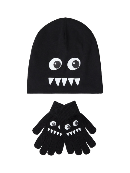 Lindex Kids' Glow in the Dark Beanie Hat & Magic Gloves Set, Black, Black
