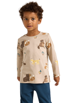 Lindex Kids' Cotton Forest Animal Long Sleeve Top, Dusty Beige